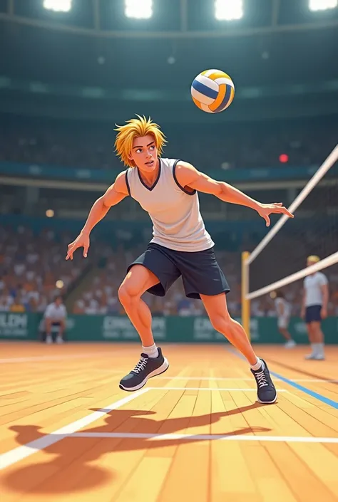 Create an animation-style image of a 17-year-old blond man on a closed volleyball court, The player.Are you receiving the ball with a headline