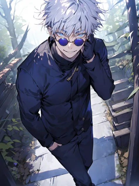 Detailed background, masterpiece, 1man, smile, sunglasses, forest, shrine, whire hair, Gojo Satoru, jacket, detailed eyes