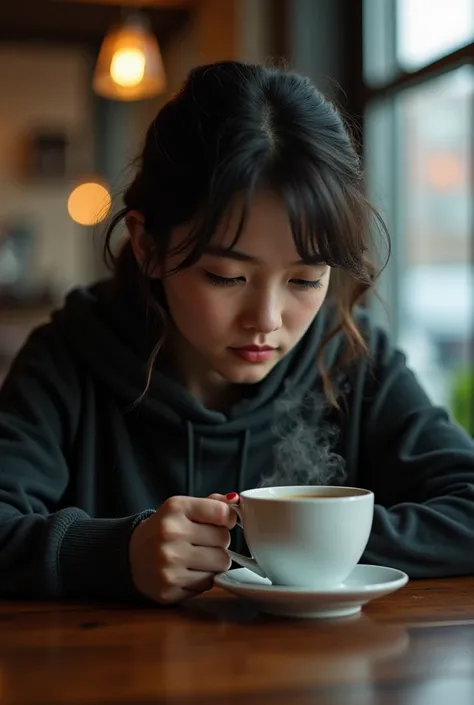 Sad girl sipping coffee looking tired, looking in front