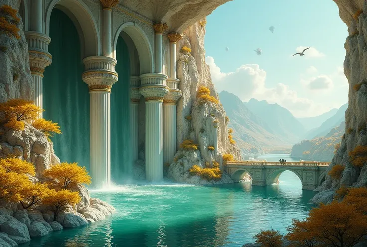  A castle under a waterfall rock with columns arched in jade and gold , white marble in its towers and of the scattered type ,  a surrounding golden-yellow vegetation with bridges connecting the forest and the castle under the water,  in the background mou...