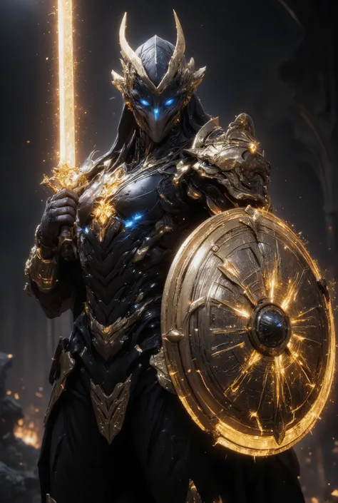 An awe-inspiring paladin wearing golden armor, wielding a sword imbued with radiant light, and holding a golden giant shield. The paladin’s blue eyes shine with determination as they navigate through the dark and mysterious cityscape. The glow of the palad...