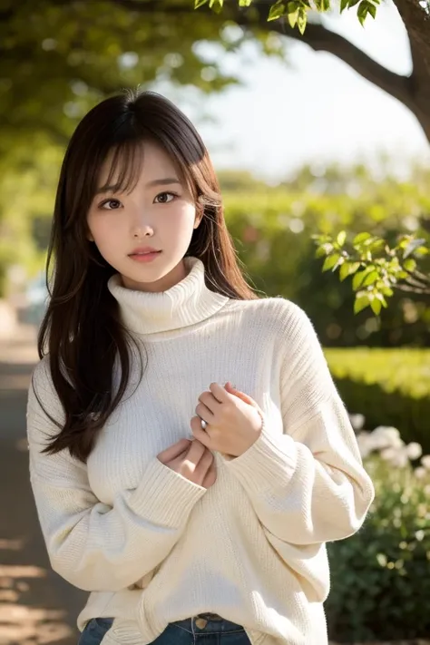  absolutely anatomically correct、 top quality、 masterpiece、Best RAW photos、 clear detailed face、 beautiful girl、White knit、 turtleneck、Big Breasts、 is bashful、Asahi、 superior、Support your chest with both arms、 neat young lady、garden、Swing、dog walking in th...