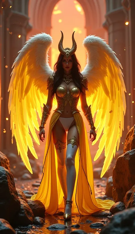 "A hyper-realistic 4K fantasy scene featuring a ravishing woman clad in a striking costume inspired by the colors of the Vatican City flag—vibrant yellow and white with golden accents and intricate patterns—along with fair, glowing wings. She embodies an a...