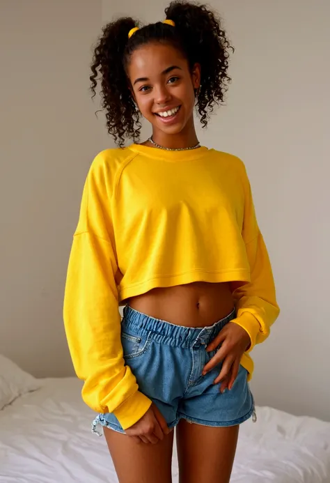 front view,skinny petite afrobrazilian 18 yearold girl,fair skin,curly ponytail,,shiny skin,,shirtlift to expose skinny belly,oversized baggy oversized yellow sweatshirt,beautiful smile,freckles ,saggy unbuttoned denimshorts and exposed nike-waistband pant...