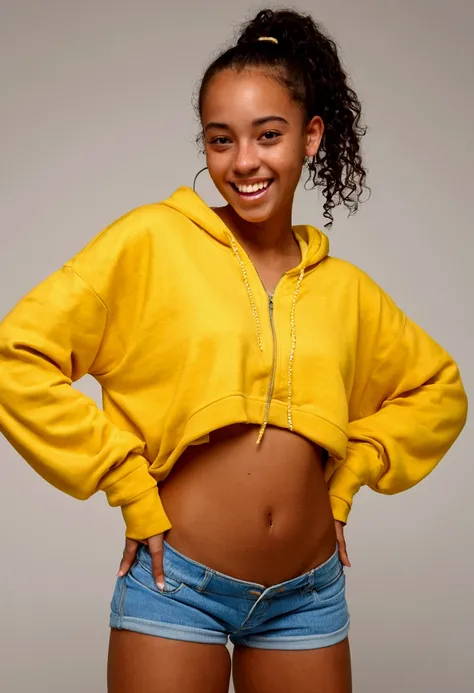 front view,skinny petite afrobrazilian 18 yearold girl,fair skin,curly ponytail,,shiny skin,,shirtlift to expose skinny belly,oversized baggy oversized yellow sweatshirt,beautiful smile,freckles ,saggy unbuttoned denimshorts and exposed nike-waistband pant...