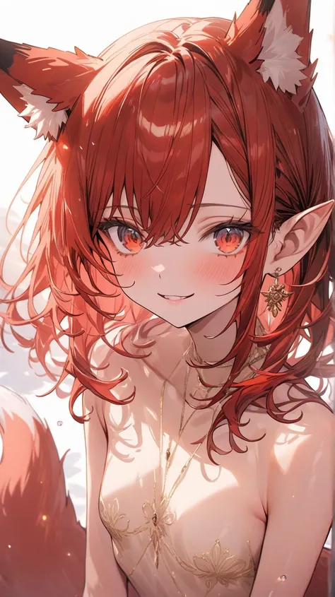 ((True best masterpiece, Ultimately perfect quality, Extremely delicate details)), A skinny fox girl with small breasts, With big red fox ears, With red hair, Naked body