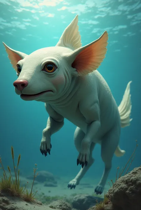 "Imagine a hybrid creature that blends the characteristics of a fish and a giant dog. This creature has the sleek, smooth body of a fish with large, powerful fins that allow it to glide through water. Its massive head features the loyal, expressive eyes of...