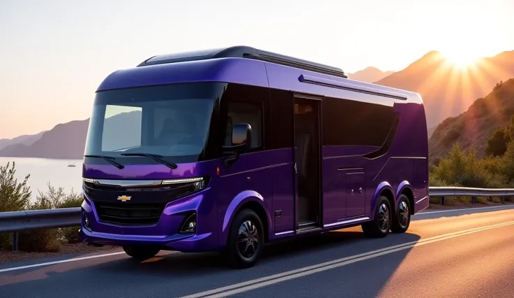 "A 2025 Chevrolet luxury motorhome in purple viewed from the left front  angle. The motorhome showcases its modern, aerodynamic design, with large panoramic windows, a spacious sliding door on the side, and an extended rooftop equipped with solar panels. T...