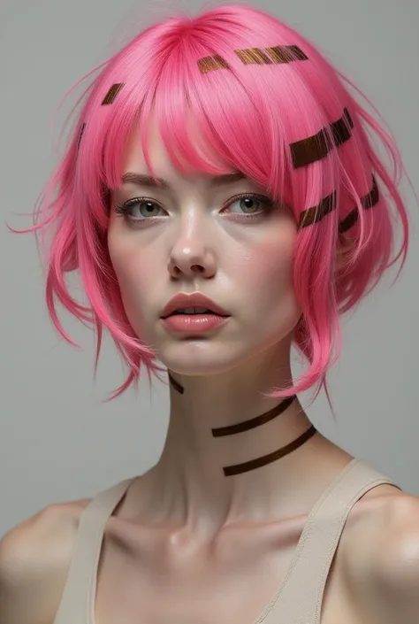 Woman with pink striped hair with horizontal brown parts 