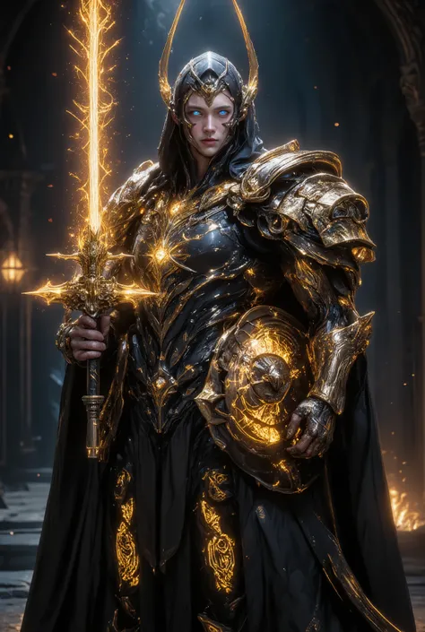 An awe-inspiring paladin wearing golden armor, wielding a sword imbued with radiant light, and holding a golden giant shield. The paladin’s blue eyes shine with determination as they navigate through the dark and mysterious cityscape. The glow of the palad...