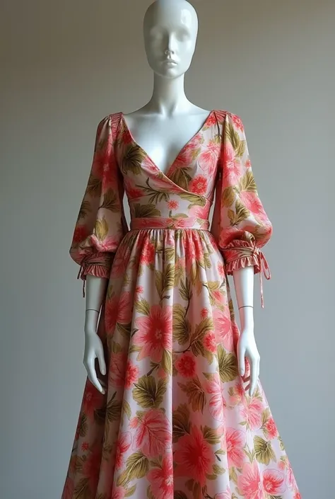 I want you to create a luxurious dress printed with something floral or tropical I want the dress to have plenty of fabric and to have sleeves to tie and to be very expensive 
I don't want the model's face to appear and I want it in a skinny, white mannequ...