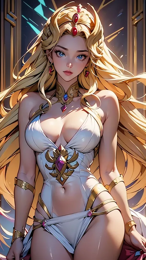 sensual pose, realistic 1.2, masterpiece,  best quality,  high quality , Character SheRaQuiron, Blonde hair,big breasts,  showing white panties, golden tiara, Pink nipples, white tunic,  golden armor , sound effects,  complementary to visual art , immersin...