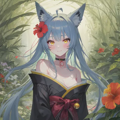 shadows, contour,  sanctuary , ((garden, hibiscus)), upper body covered with vegetation, Blush,  head tilt , 1 ,  blue hair,  Absurdly long hair, ahoge,  yellow eyes,  long fox ears , sidelocks, fox tails,  light smile ,  looking at the spectator, floating...