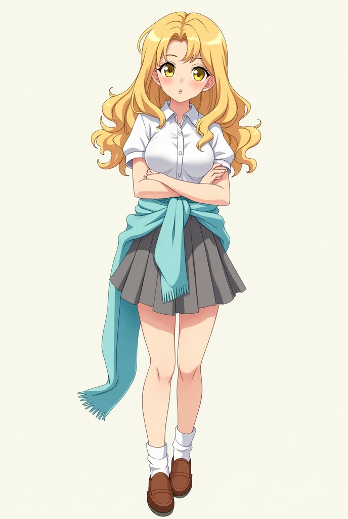 Young anime woman. honey blonde hair that falls to her upper back with bangs swept to the left, a pale complexion, a notably feminine figure and big yellow eyes with pronounced eyelashes. Short sleeve button up shirt, a grey pleated skirt, a sky-blue sweat...