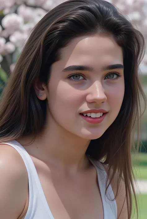 ( Masterpiece,   Top Quality:1.5), 
 in the seat,   alone, Innocence itself ,Clean ,Innocent,
Jennifer Connelly at age 14,  sleeveless,
From the rear,  looking back,
 bright park shining in the sun, Cherry blossoms in full bloom, Pensive ,