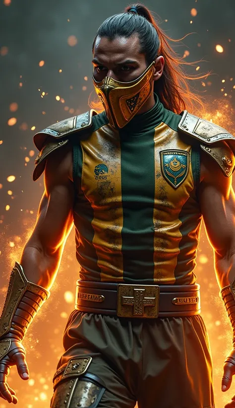 in epic scene, [Zlatan Ibrahimović] as mortal kombat fighter warrior style, with armor and mask, [the armor is made by metal but emulates a soccer brazilian shirt design] photoreralistic, air particles, energy and powers