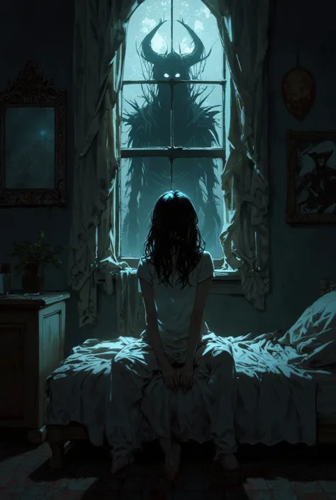 ". The girl is sitting on top. Bed in pajamas ,  , her posture tense, and her eyes widened with fear..  เธอ turned to the camera ด้วยความกังวล, The mirror .  dark room ,  casts a shadow on the wall . Through the window ,   with a black shadow of a devil-li...