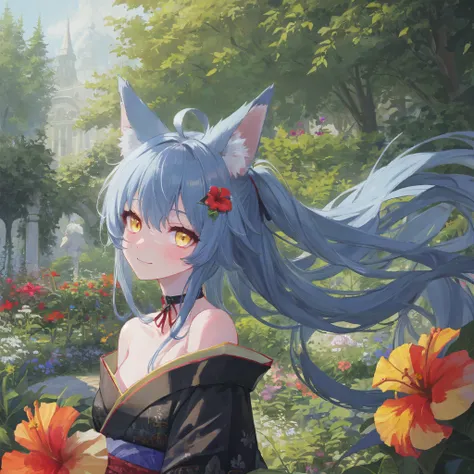 shadows, contour,  sanctuary , ((garden, hibiscus)), upper body covered with vegetation, Blush,  head tilt , 1 ,  blue hair,  Absurdly long hair, ahoge,  yellow eyes,  long fox ears , sidelocks, fox tails,  light smile ,  looking at the spectator, floating...