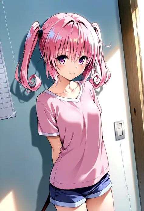 masterpiece,best quality,official art,wall paper,absurdres, beautiful detailed face,detailed texture,detailed skin,BREAK 1girl,to love-ru,source_to love-ru,nana asta deviluke,pink twin tails,shirt,shorts,room
