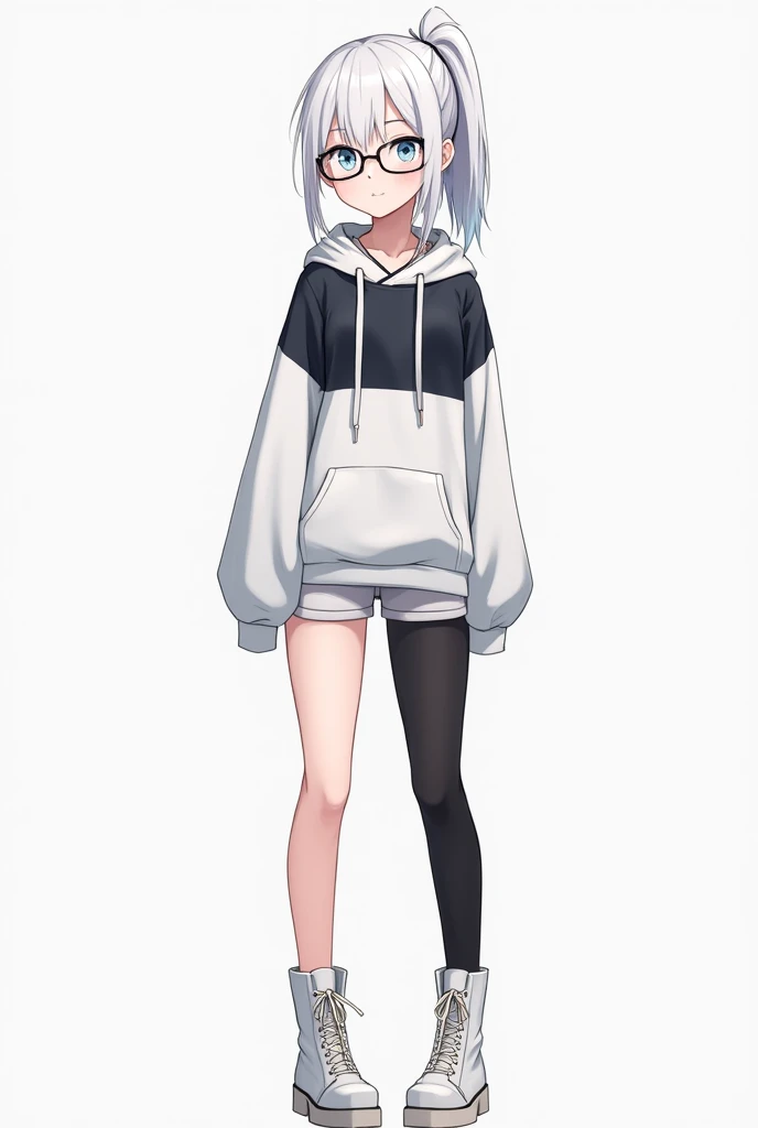  19 year old girl, Slim and of average height but with a slender and feminine body, reaching 170 centimeters. Her hair is white and completely smooth, ;  she wears a ponytail and bangs to the side .  She wears a pair of glasses and her eyes are of a peculi...