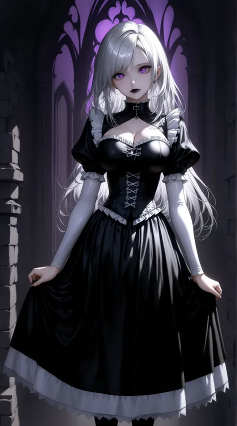  Young Beautiful Woman,(Black and white gothic maid outfit, long skirt, Corsets , black tights,Black boots),( Silver Hair, shoulder-length hair in the image, purple eyes, half closed eyes , Unusual Suspicious Emotions:1.3,Black lips:1.5, big breasts, shiny...