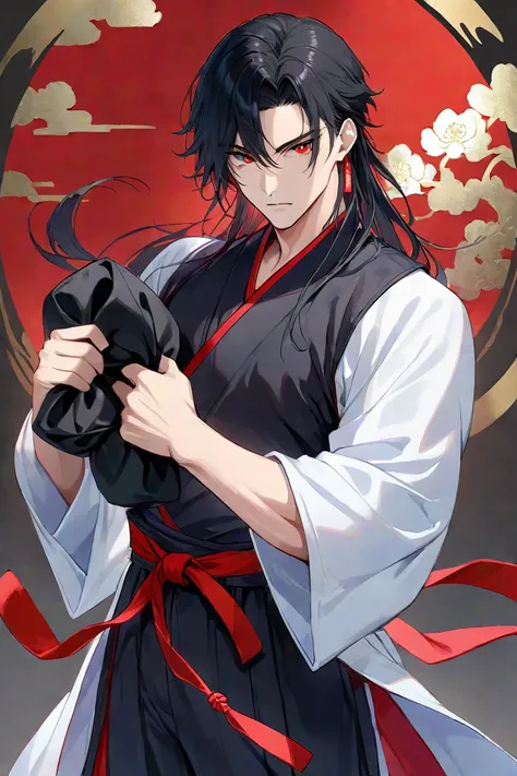 male、1 person、 black hair、Hair is waist length、 Her hair is bundled at the back 、Martial arts uniform、Hanfu、 is cool、 handsome、maleの横に黒い狼がいます、 red eyes、178cm