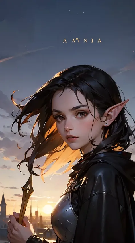 in Medieval Fantasy world. Create an illustration of a sleek and stealthy half-elf woman with warm, sun-kissed bronze skin and sharp, graceful features. Lyanna’s high cheekbones, slightly pointed ears, and deep brown almond-shaped eyes reflect her elven he...