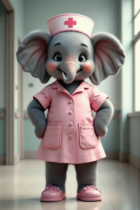 photorealistic portrait of Dressed animals - a ((fat)) [realistic](baby elephant) nurse,(),(elegant pose:1.2),(furry),(hands on hips:1.2), (happy smile:1.5),(happy),high quality,(lovely) ,intricate details, highly detailed ((pink nurse clothes)), wearing n...