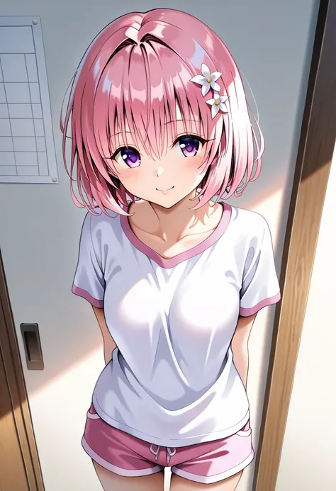 masterpiece,best quality,official art,wall paper,absurdres, beautiful detailed face,detailed texture,detailed skin,BREAK 1girl,to love-ru,source_to love-ru,momo beria deviluke,pink short hair,flower hair accesary,shirt,shorts,room
