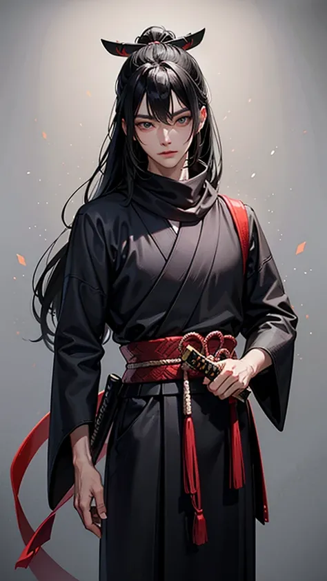 Create a male samurai in black clothes with his katana that wears a bright and shimmering red scarf on a totally gray background Long hair, 