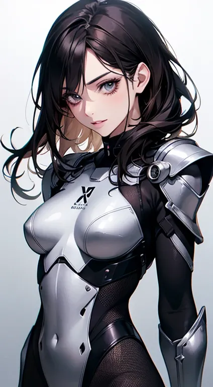 ( Upper body ), (realistic, [anime]), (3d:0.3),  dramatic lighting, (( masterpiece)),(quality),( highres), alta Lady Voidstar, [[ covered abs ]], ((X-Ray Armor|lined bodysuit| power armor white )  mechanical arms ),   long black hair down, [ malicious smil...