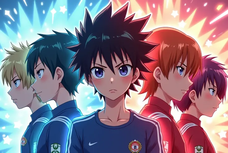 faites-moi des avatars des personnages de l'anime#Inazuma Eleven avec de belles coupes de cheveux stylées, artificiels, plusieurs personnages charismatiques et menaçants en arrière-plan.。
et avec une aura bleu et rouge autours d'eux 