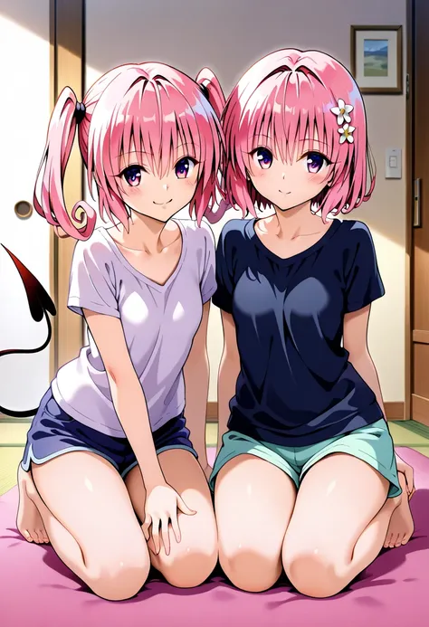 masterpiece,best quality,official art,wall paper,absurdres, beautiful detailed face,detailed texture,detailed skin,BREAK 2girls,to love-ru,source_to love-ru,kneeling close together in the room,BREAK 1st girl,momo beria deviluke,pink short hair,flower hair ...