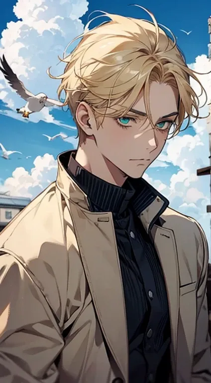 chibinaruto, 1 boy,  blond hair,  focus men's,  alone,  sky,  green eyes,  cloud, is,  mustache marks, bird, blue  sky,  Male , jacket,  outdoor,  Upper body ,  cloudy  sky