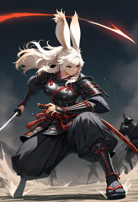 (((( Masterpiece)))), (((( top quality)))),  high resolution,fine grain, detailed face,  wet,viera, samurai, samuraiの装束,  action, big breasted with a cross eye, full body shot