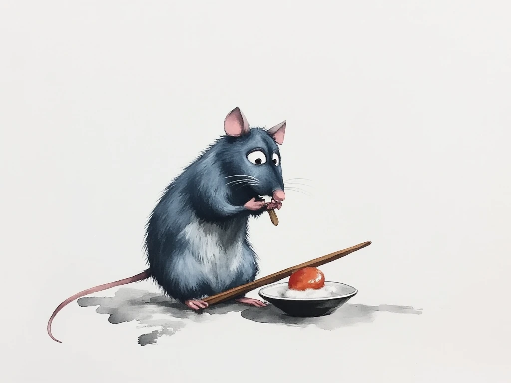 a sumi-e painting of remyrat, a blue rat, making sushi. in a faded smudged brush strokes calligraphy ink style.  It is minimalist. white background, very simple. ArsMJStyle, Zen Ink Wash Sumi-e