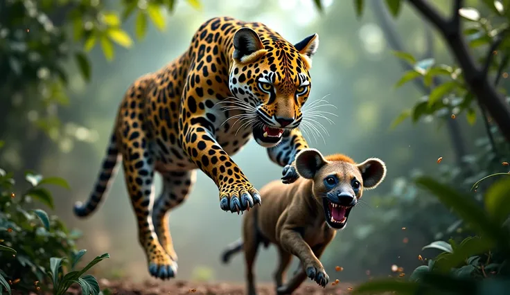 The jaguar swooped down from the tree, its razor-sharp claws tearing apart a hyena.