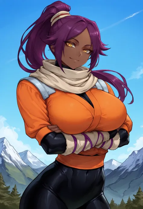 masterpiece, best quality,1girl, toned,
1girl, dark skin, dark-skinned female, purple hair, yellow eyes, crossed arms, long hair, arm warmers, smile, scarf, day, sky, parted bangs, high ponytail, black bodysuit, orange shirt, skin tight, bodysuit under clo...