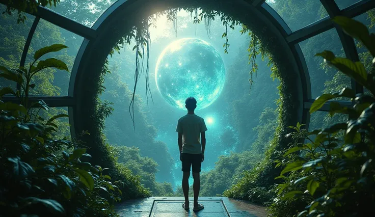 A person stands inside a glass observatory in the middle of a lush rainforest, looking out at the magnificent world beyond. Yet, through the reflection in the glass, we see an entirely different universe unfolding within—cosmic shapes, personal memories, s...