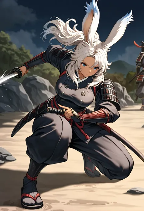 (((( Masterpiece)))), (((( top quality)))),  high resolution,fine grain, detailed face,  wet,viera, samurai, samuraiの装束,  action, big breasted with a cross eye, full body shot