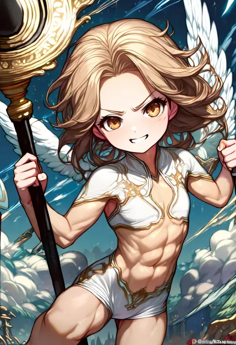 a cute chibi style girl, ((Finest quality)),(超A high resolution),(ultra-detailliert),(Meticulous portrayal),((best pictures)),(Finest works of art),Ultra-Precision Art,The art of astounding depiction, Fantasyart:1.5, (A female angel swinging a spear:1.7),B...