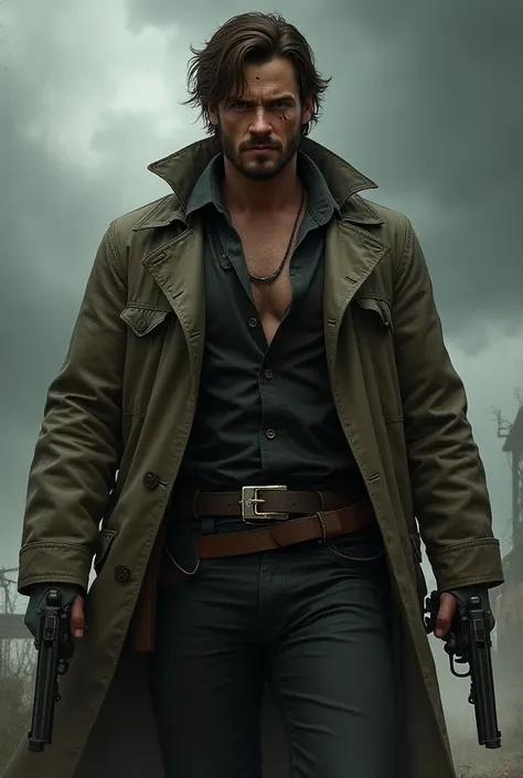 Bounty hunt with brown hair, Ash-colored eyes, partially toned and with a scar that crosses his left eye with two revolvers and a raincoat 