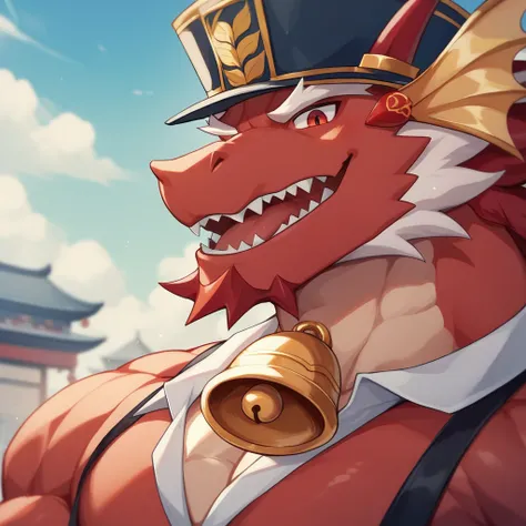 (Furry version)In the middle of a daytime city , Each with a red charm encrusted with a golden bell, is a fog of firecrackers ,red dragon man帶著財神爺帽子.red dragon man,male, arms are thick and muscular lines are noticeable,Thick rib and dragon-tail ,Wearing a ...