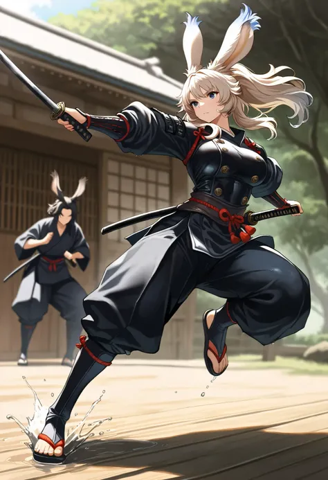 (((( Masterpiece)))), (((( top quality)))),  high resolution,fine grain, detailed face,  wet,viera, samurai, samuraiの装束,  action, big breasted with a cross eye, full body shot