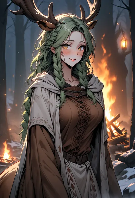  alone:1.4, female, close up, Long green hair, wild hair,  deer antlers , huge woman,  golden eyes, cape and  winter clothes,  winter,  forest, freckles, to smile, ((Deertaur cover )),  villager clothing , medieval,  deer body ,  hairy lower body, braids, ...