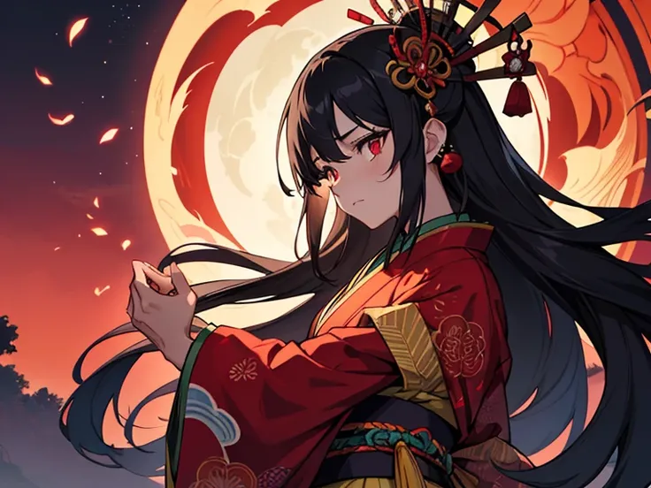 A oiran with jet-black hair. Inspired by ethnic and tribal aesthetics, her intricately designed costume is based on a Japanese kimono, decorated with ornate patterns and vibrant fabrics. Her long, flowing hair is styled with elaborate accessories, and her ...