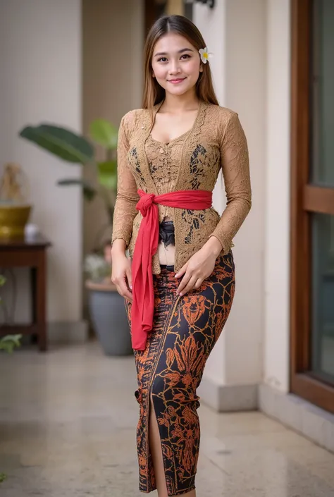 A beautiful and charming Indonesian maid who is cleaning the temple is wearing skirt, long sleeve, ((brown skin)), sweating, ((wet skin)), ((charming camel toe detail:1.3)),Micro T String , ( bold and exaggerated streamlined skirt ), (brown and red fabri...