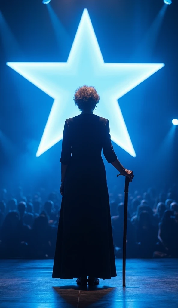 "An elderly woman stands on a grand stage, illuminated by blue spotlights. She wears a dark, elegant dress and holds a wooden cane, exuding wisdom and grace. Behind her, a giant glowing star dominates the futuristic stage design, creating a dramatic and in...