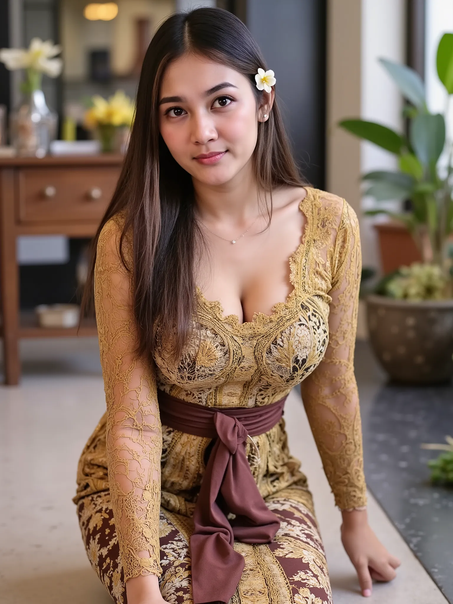 Indonesian girl in old house, brown skin, tanned skin, slim body, ((Madura batik: 1.4)) (big breast : 1.5), crawling on floor, posing doggy style, ((naughty pose)), very long black hair, ((tight dress)), sexy body