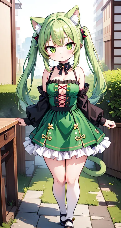 Picture of a girl with green hair and a green dress, shirabii,  cute anime Cat girl,  Neferpitot, anime Cat girl,  anime girl with cat ears ,  shikamimi, Tornado, beautiful anime Cat girl, nyaruko-san, she has a  cute expressive face, Anime Cat,  cute!!  c...